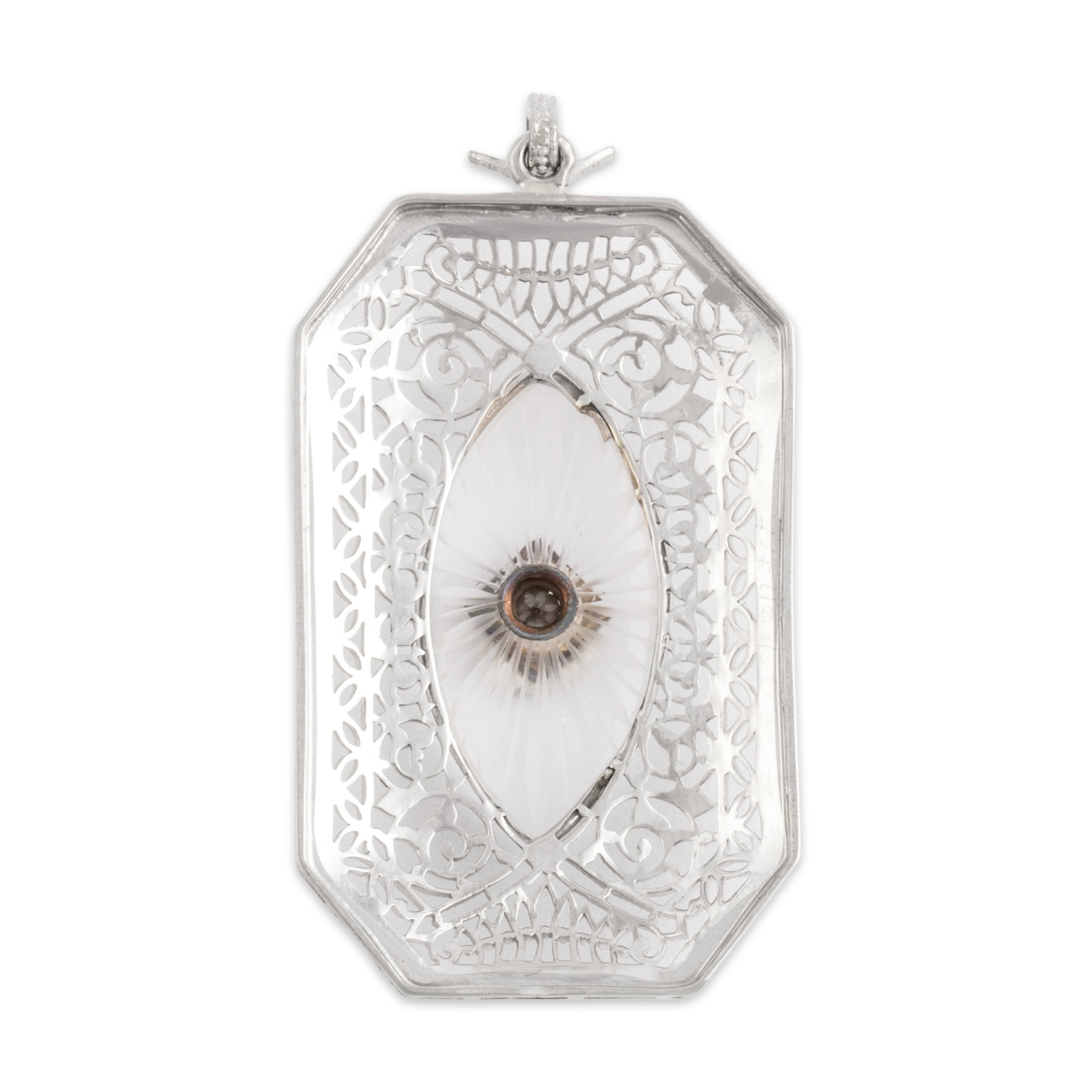 Antique Art Deco 10k White Gold Camphor Glass Diamond Delicate Filigree Pendant - Back view