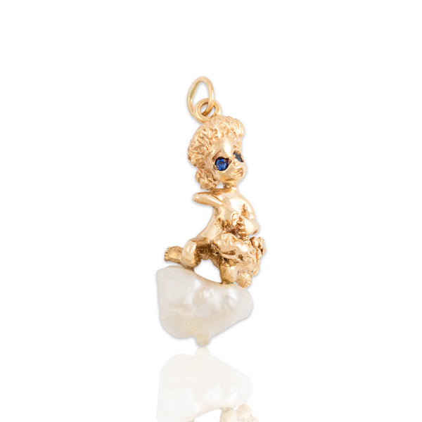 Vintage William Ruser 14k Yellow Gold Baroque Pearl Blue Synthetic Sapphire Pendant