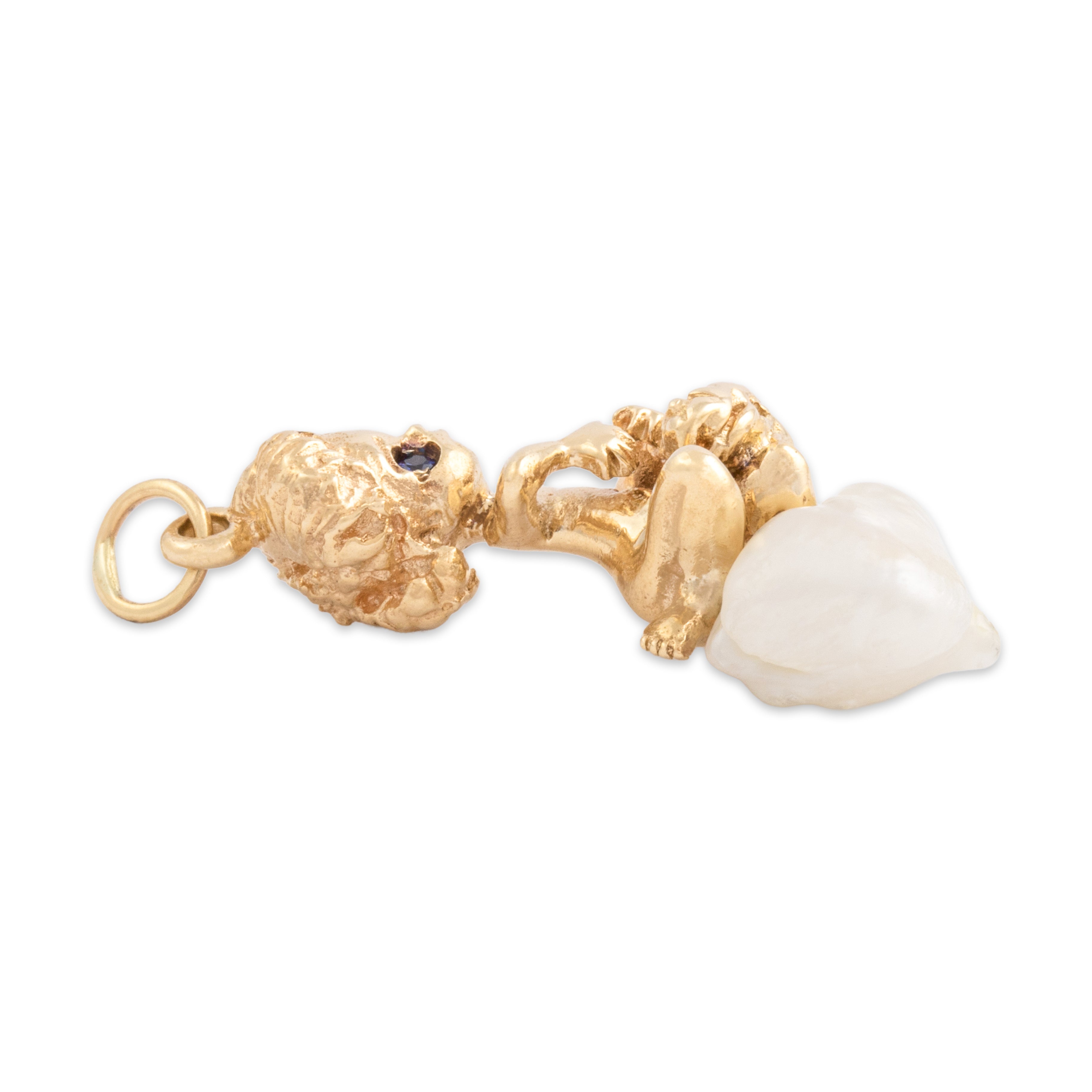Vintage William Ruser Heavy 14k Yellow Gold Freshwater Baroque Pearl Blue Synthetic Sapphire Kneeling Cherub Charm / Pendant - Side view
