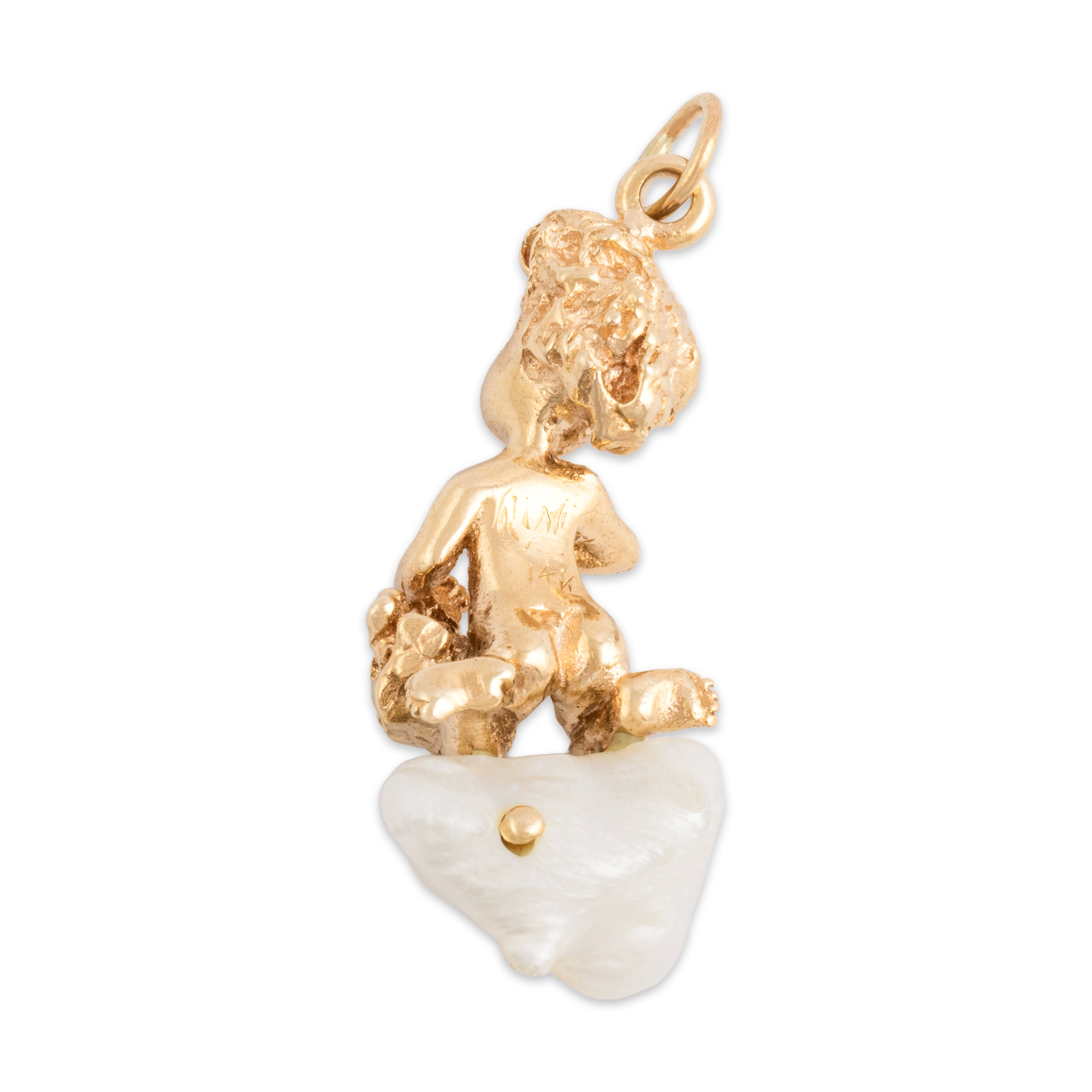 Vintage William Ruser Heavy 14k Yellow Gold Freshwater Baroque Pearl Blue Synthetic Sapphire Kneeling Cherub Charm / Pendant - Back view