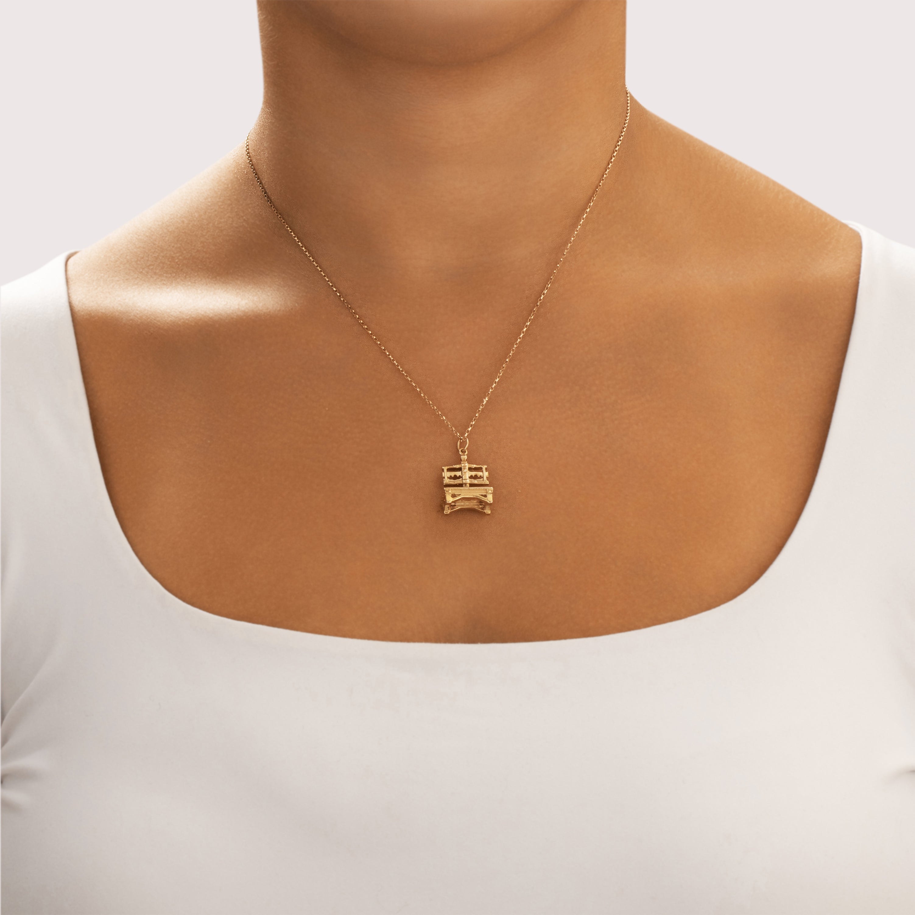 Vintage 14k Yellow Gold Articulating Medieval Pillory Charm / Pendant - On model view