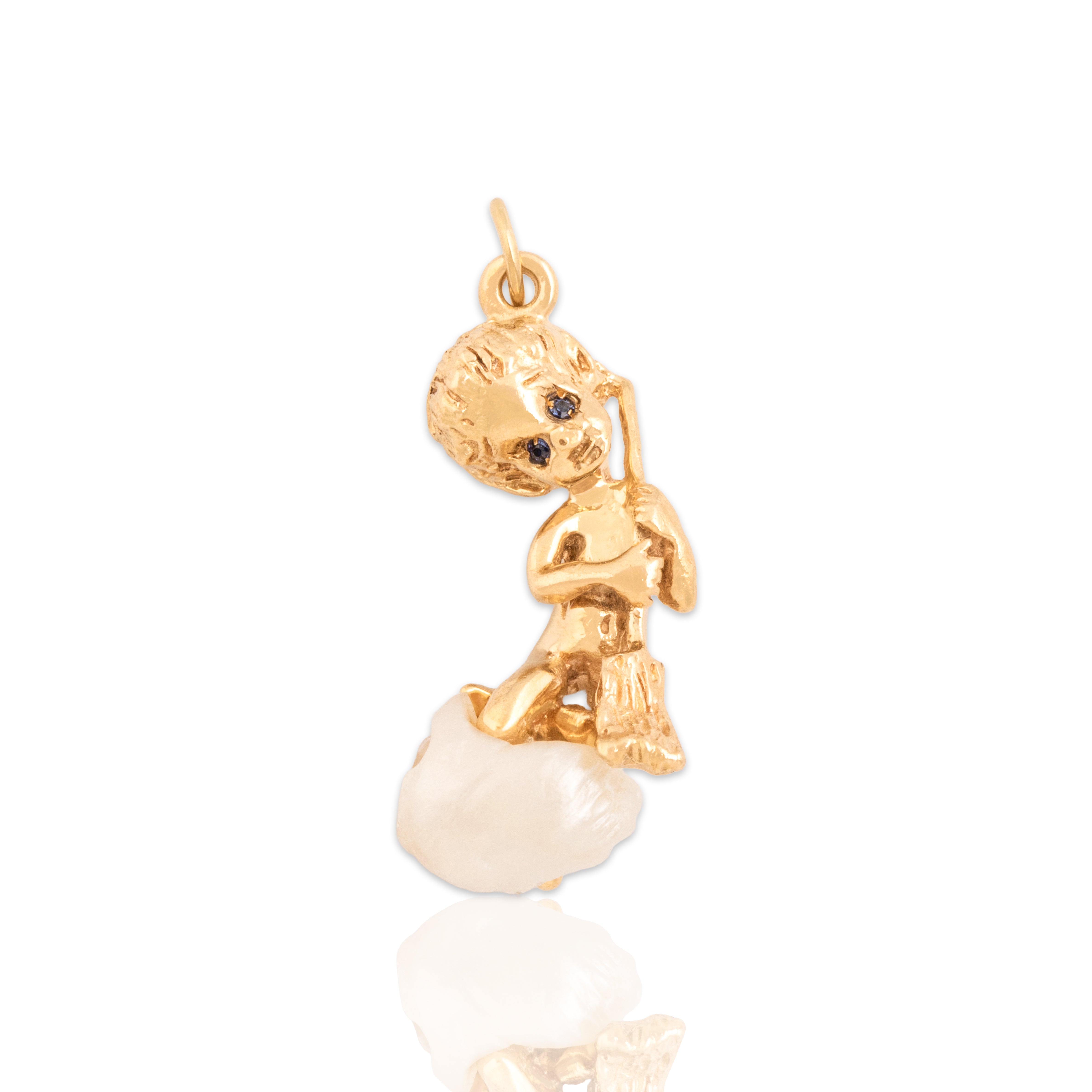 Vintage William Ruser Heavy 14k Yellow Gold Baroque Freshwater Pearl Blue Synthetic Sapphire Adorable Perched Cherub Charm / Pendant - Close-up view