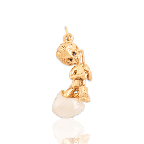 Vintage William Ruser 14k Yellow Gold Baroque Pearl Blue Synthetic Sapphire Pendant