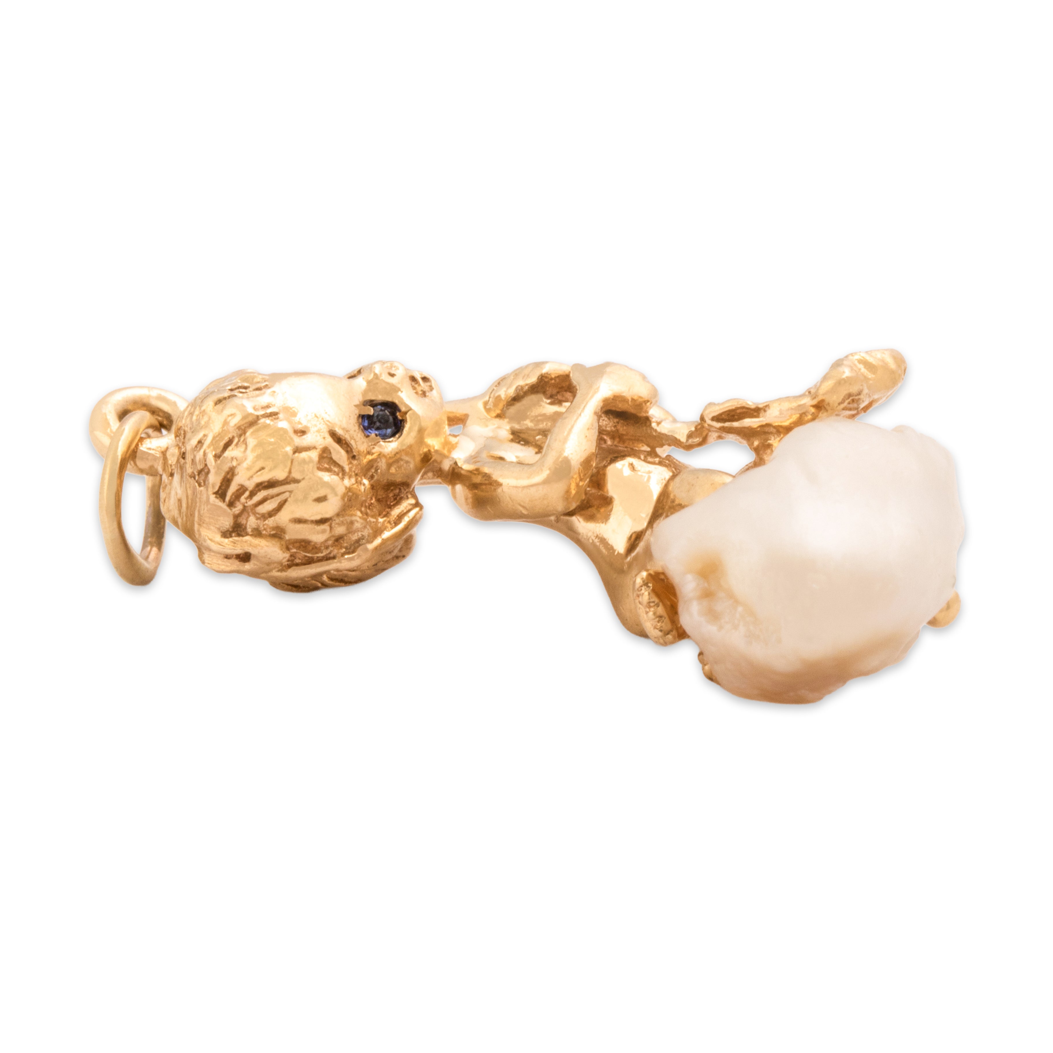 Vintage William Ruser Heavy 14k Yellow Gold Baroque Freshwater Pearl Blue Synthetic Sapphire Adorable Perched Cherub Charm / Pendant - Side view