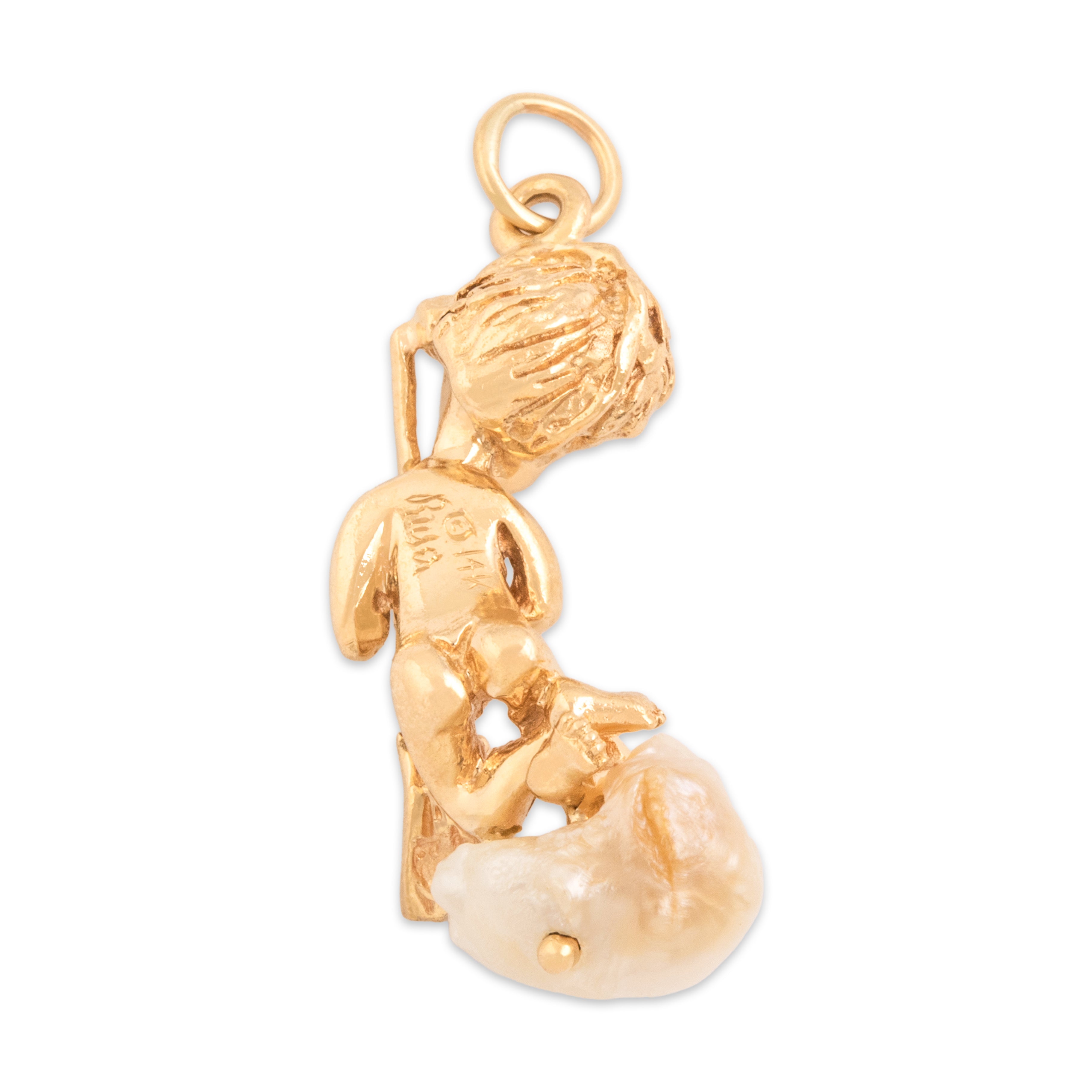 Vintage William Ruser Heavy 14k Yellow Gold Baroque Freshwater Pearl Blue Synthetic Sapphire Adorable Perched Cherub Charm / Pendant - Back view