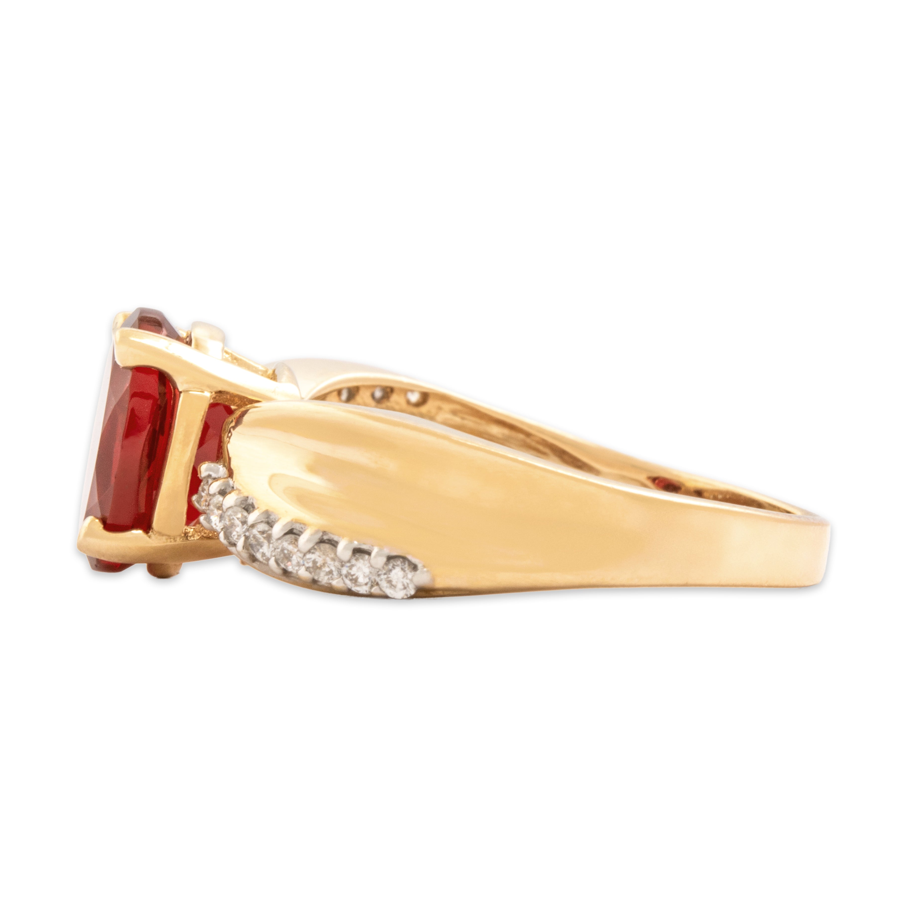 Vintage 14k Yellow & White Gold 1.36ct Red Fire Opal Diamond Vibrant Flared Shoulder Ring - Side view