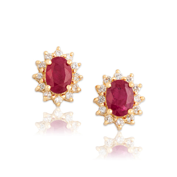 Vintage 14k Yellow Gold 1.6cttw Ruby Diamond Classic Halo Stud Earrings