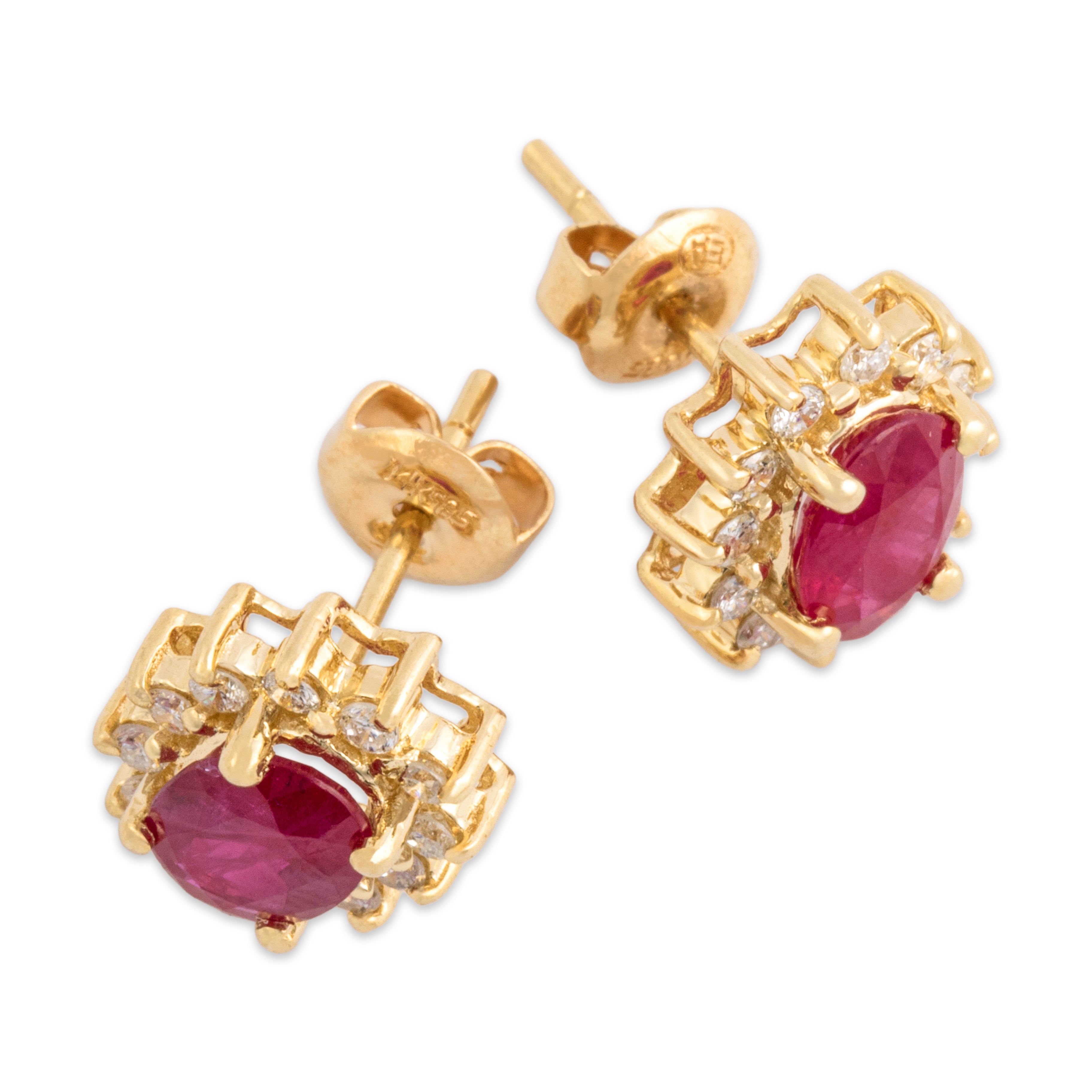 Vintage 14k Yellow Gold 1.6cttw Ruby Diamond Classic Halo Stud Earrings - Overall view