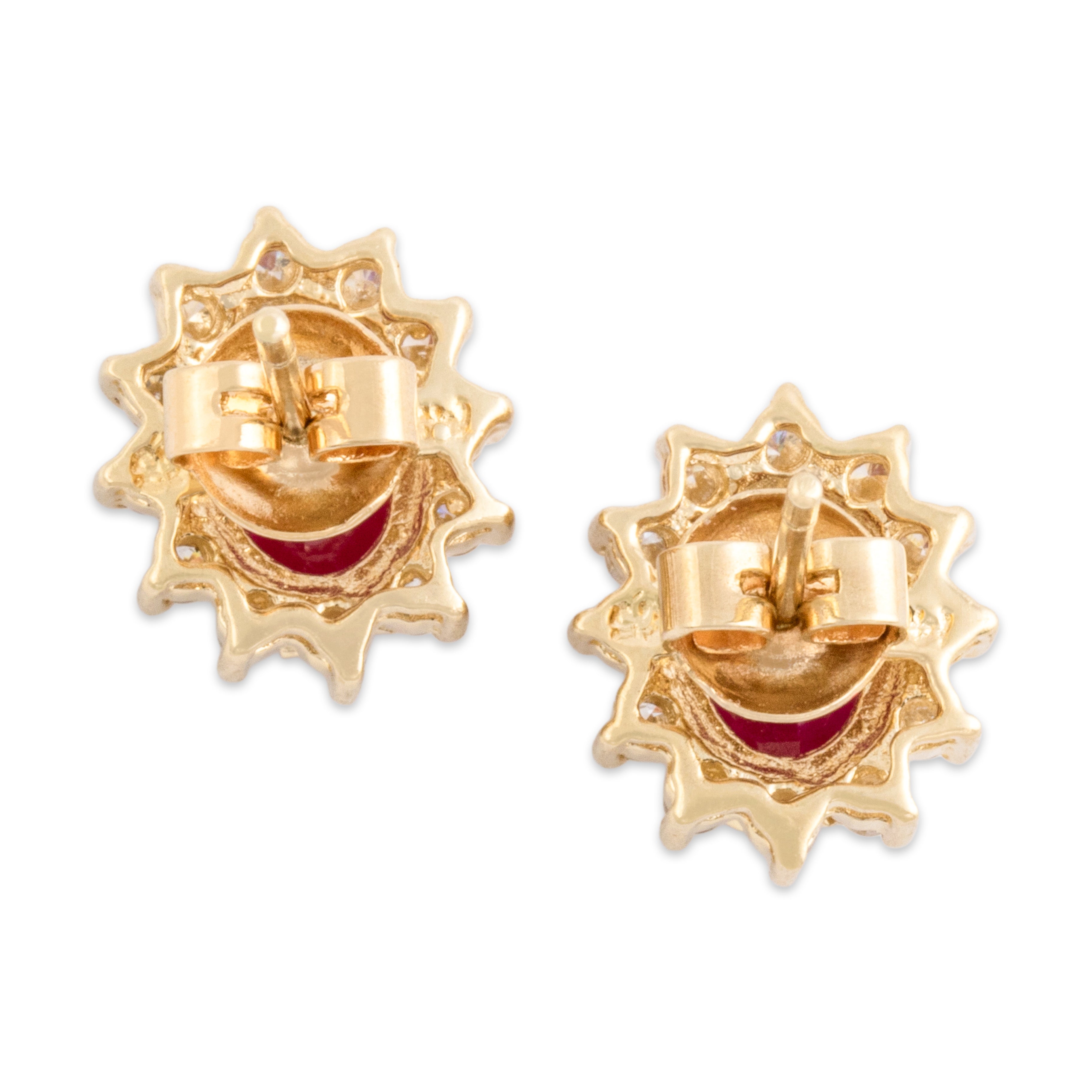Vintage 14k Yellow Gold 1.6cttw Ruby Diamond Classic Halo Stud Earrings - Back view