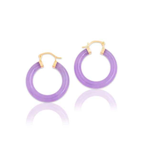 Vintage 14k Yellow Gold Lavender Jade Amazing Carved Hololith Hoop Earrings