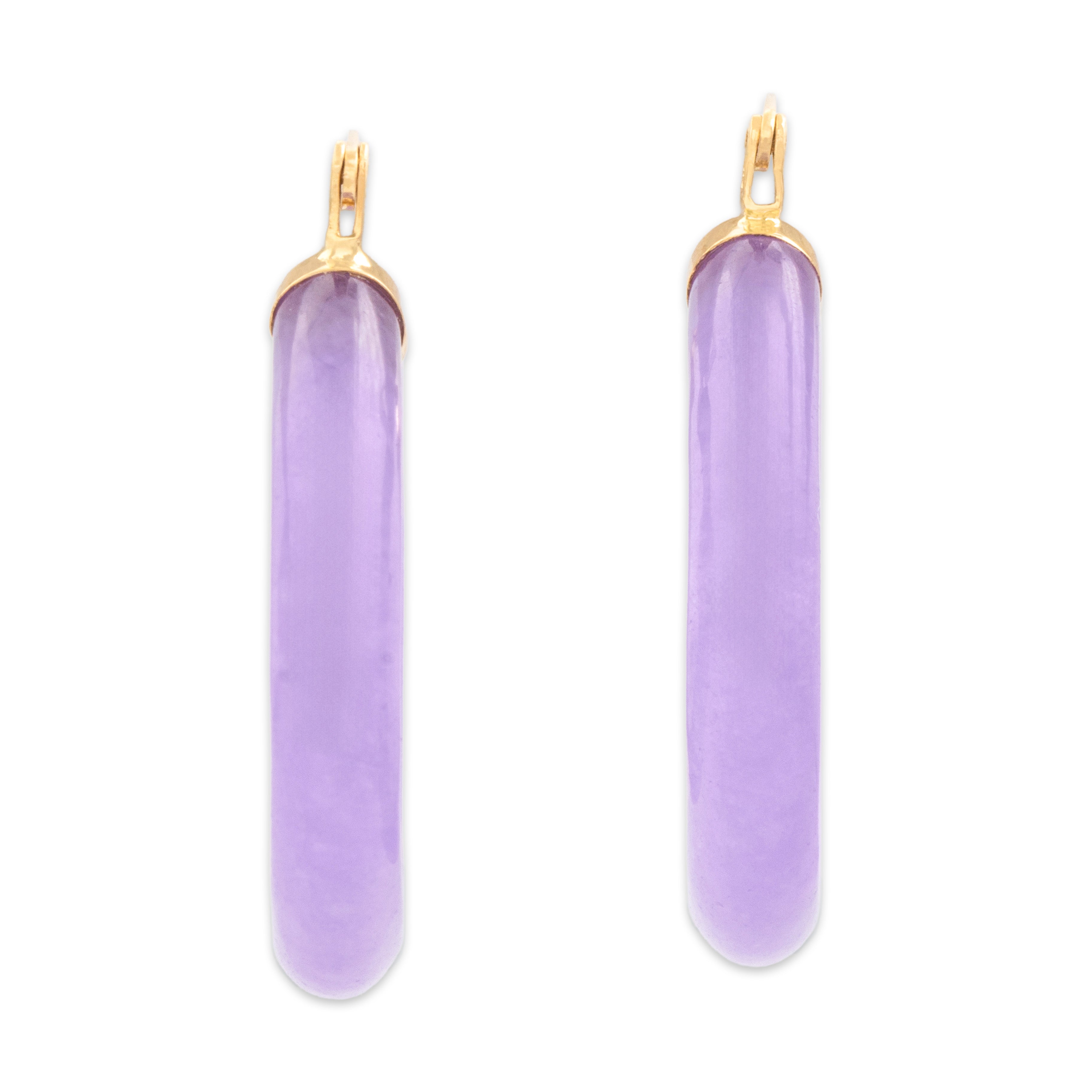 Vintage 14k Yellow Gold Lavender Jade Amazing Carved Hololith Hoop Earrings - Overall view