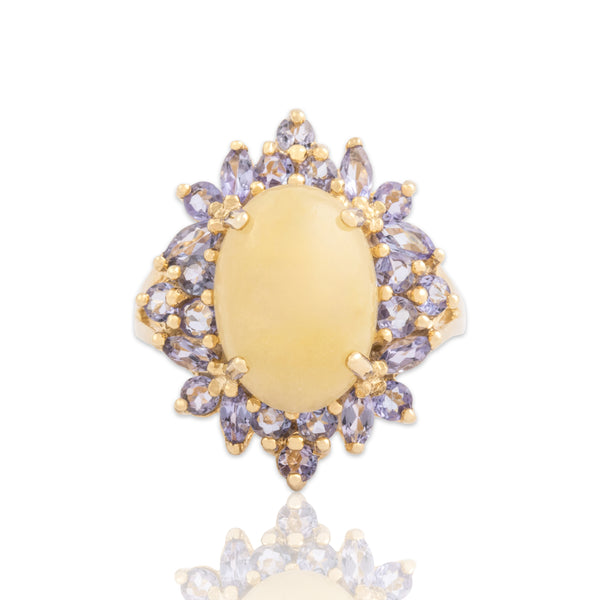 Vintage 14k Yellow Gold 5.71ct Pale Yellow Jade .99cttw Tanzanite Halo Ring 7.25