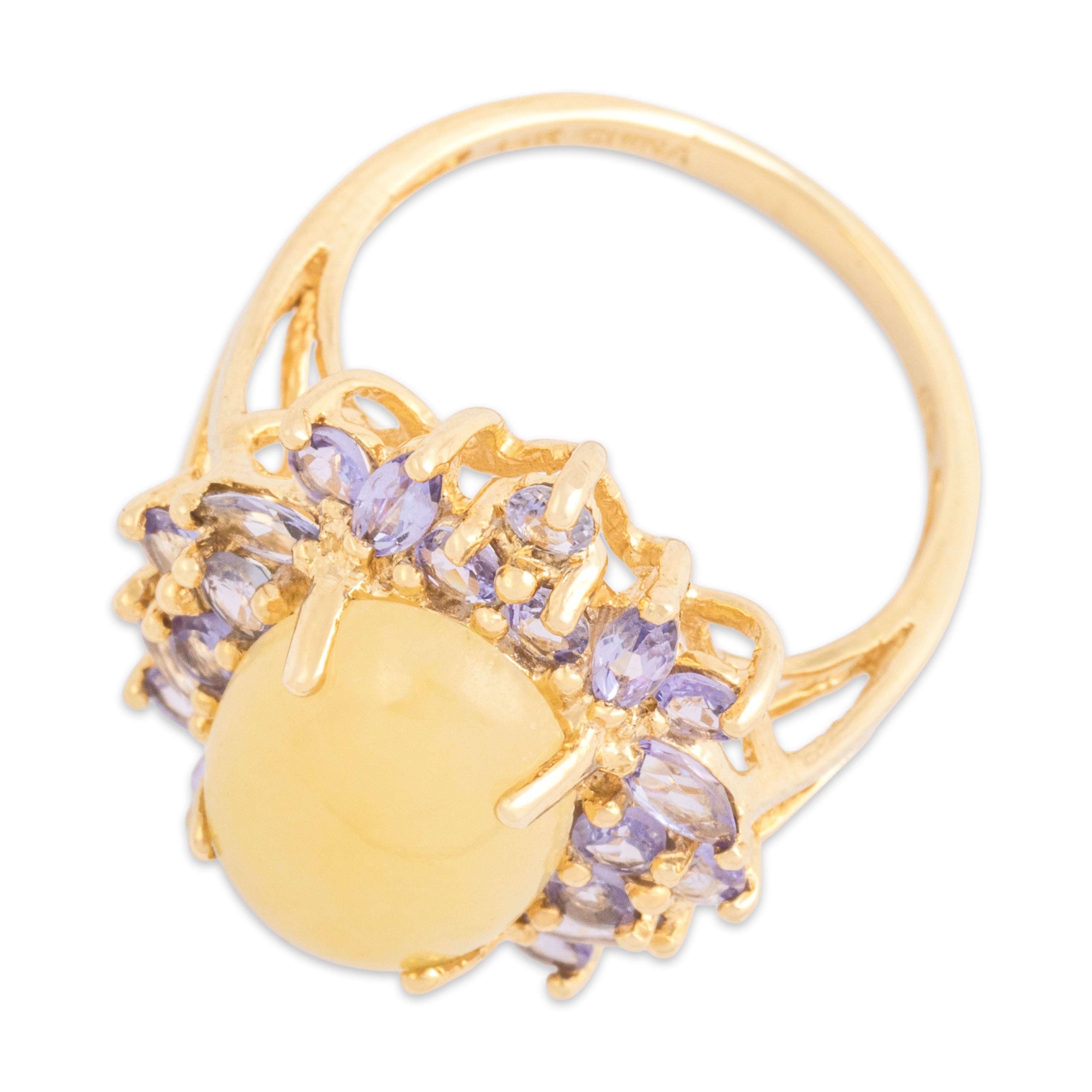 Vintage 14k Yellow Gold 5.71ct Pale Yellow Jade .99cttw Tanzanite Sparkling Halo Spray Ring - Overall view