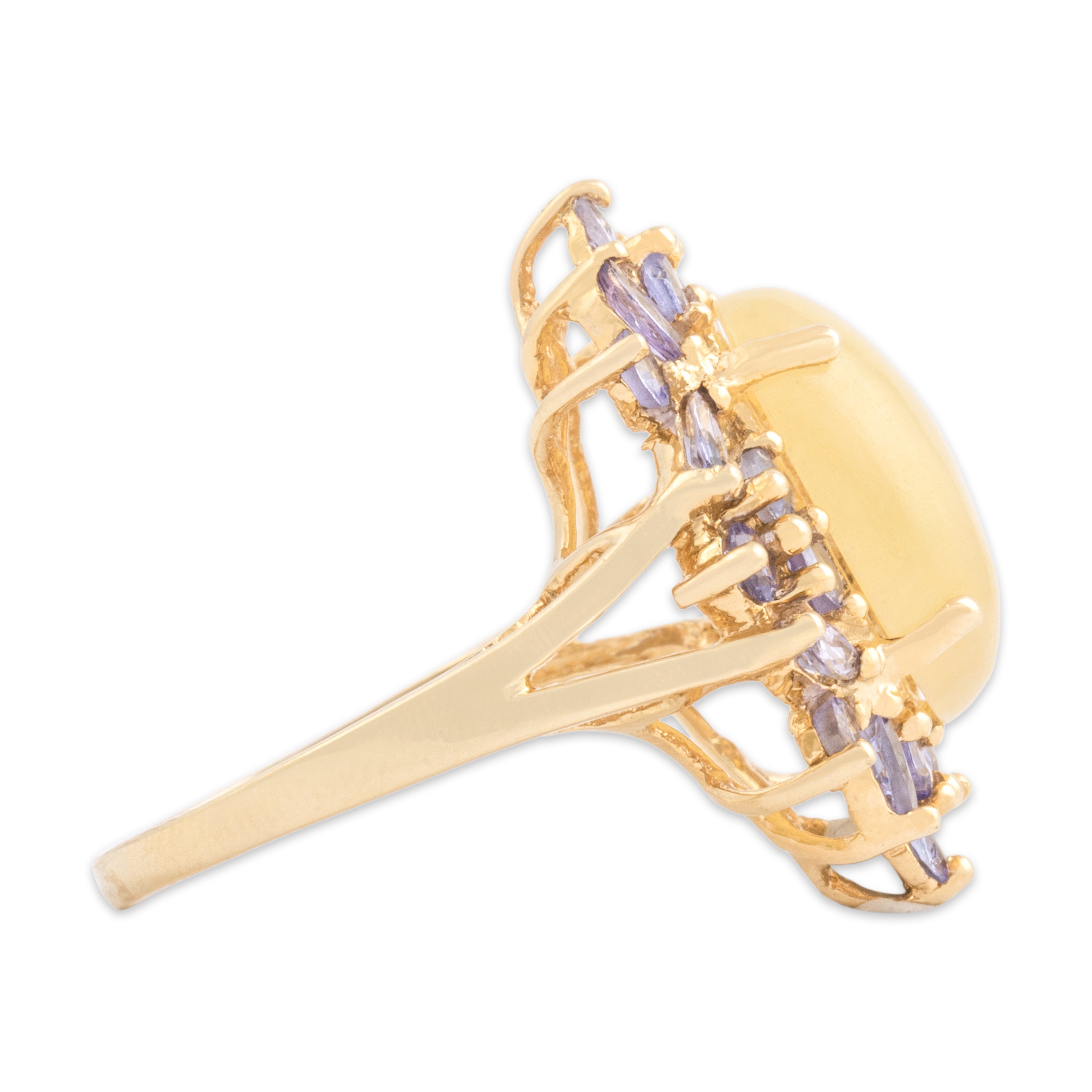 Vintage 14k Yellow Gold 5.71ct Pale Yellow Jade .99cttw Tanzanite Sparkling Halo Spray Ring - Side view