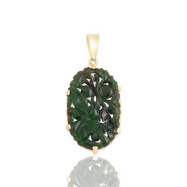 Vintage 14k Yellow Gold Dark Green Jade Intricate Floral Carving Pendant