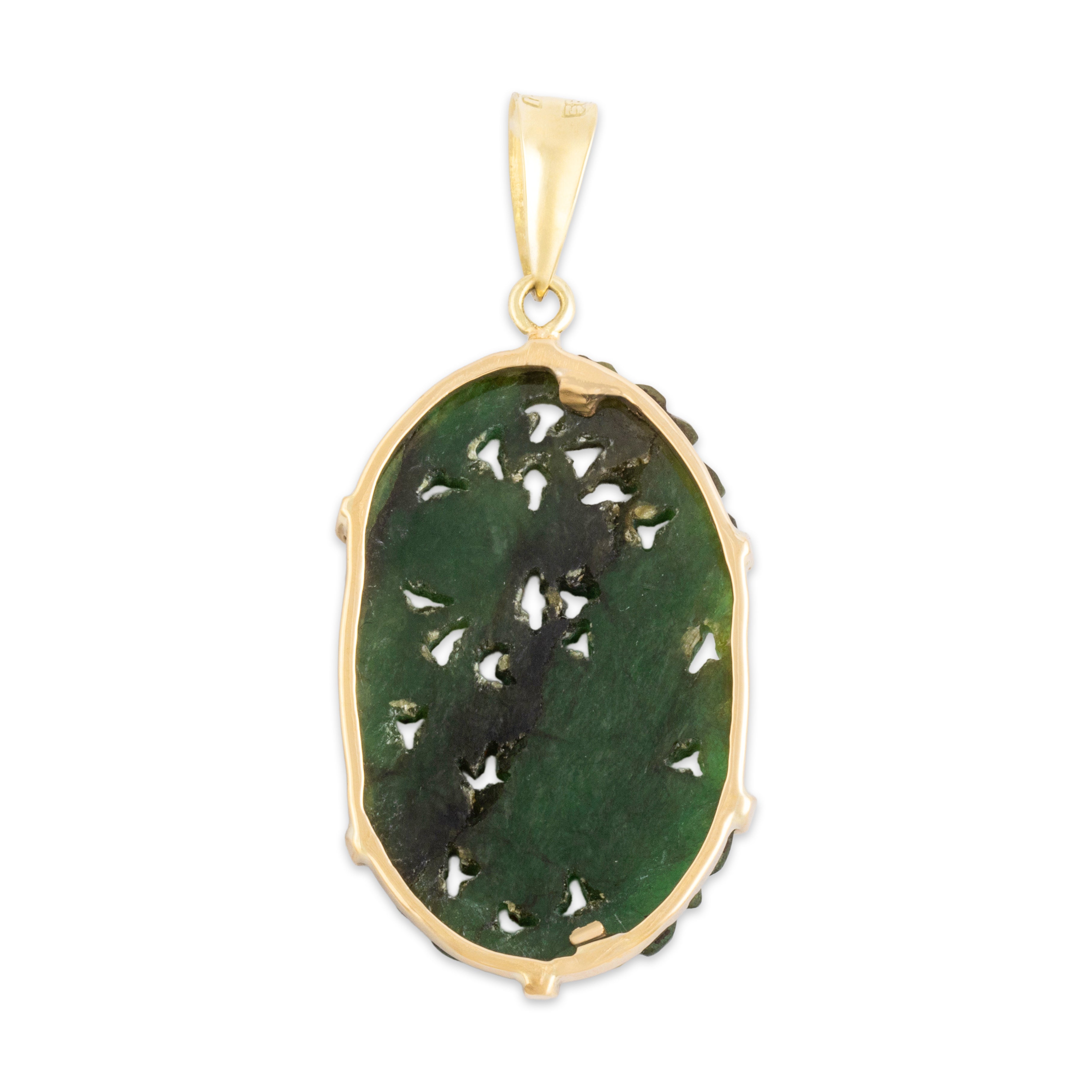 Vintage 14k Yellow Gold Dark Green Jade Intricate Floral Carving Pendant