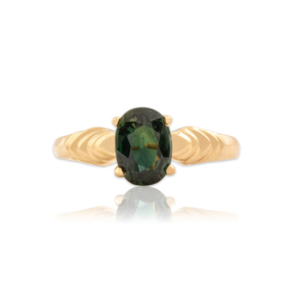 Vintage 14k Yellow Gold 1.03ct Forest Green Sapphire Ribbed Shoulder Ring 5.25