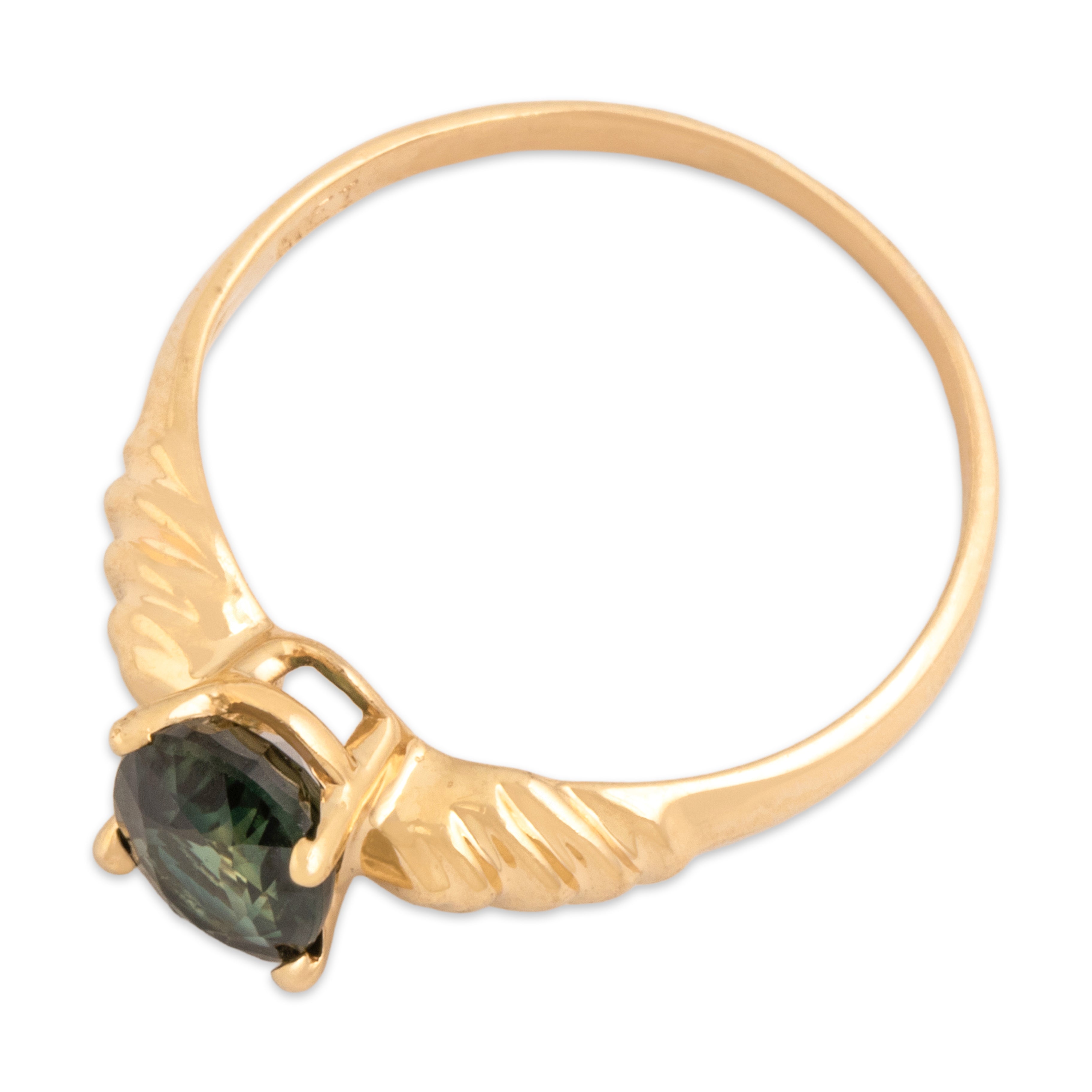 Vintage 14k Yellow Gold 1.03ct Green Sapphire Forest Ribbed Step Shoulder Ring - Overall view