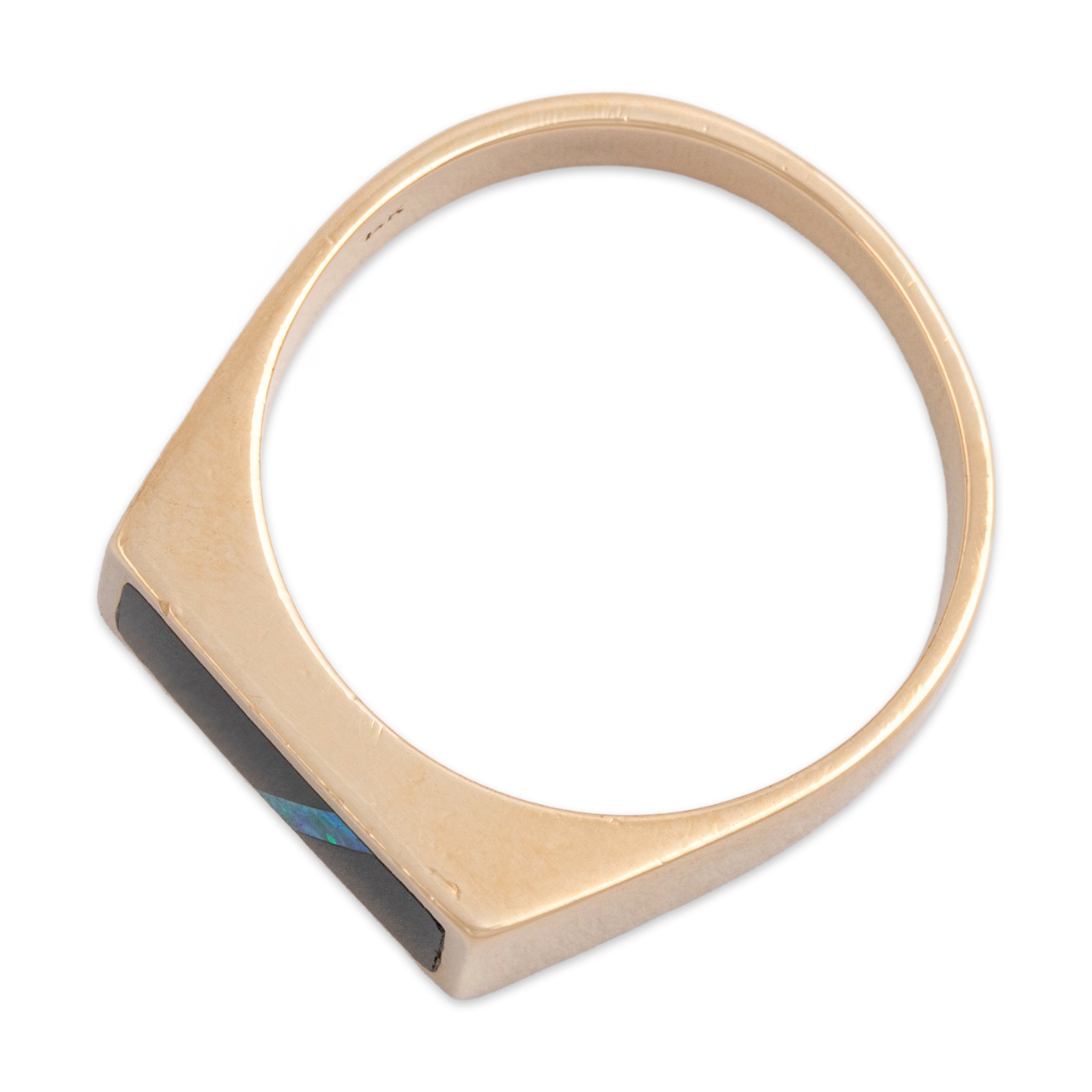 Vintage 14k Yellow Gold Blue Opal Doublet Onyx Modernist Geometric Inlay Signet Ring - Overall view