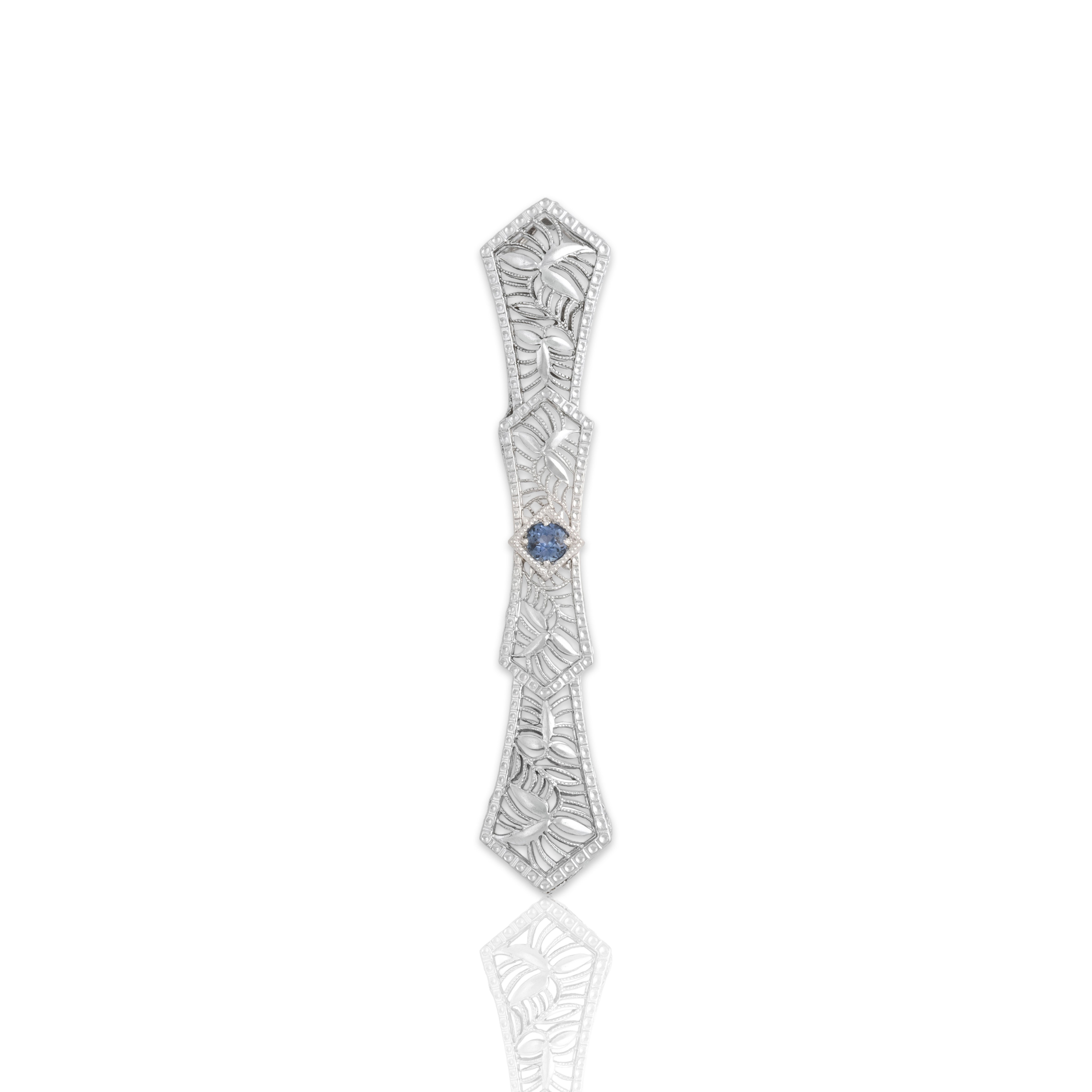 Antique Art Deco 14k White Gold Blue Synthetic Sapphire Intricate Milgrain Openwork Filigree Pendant - Close-up view