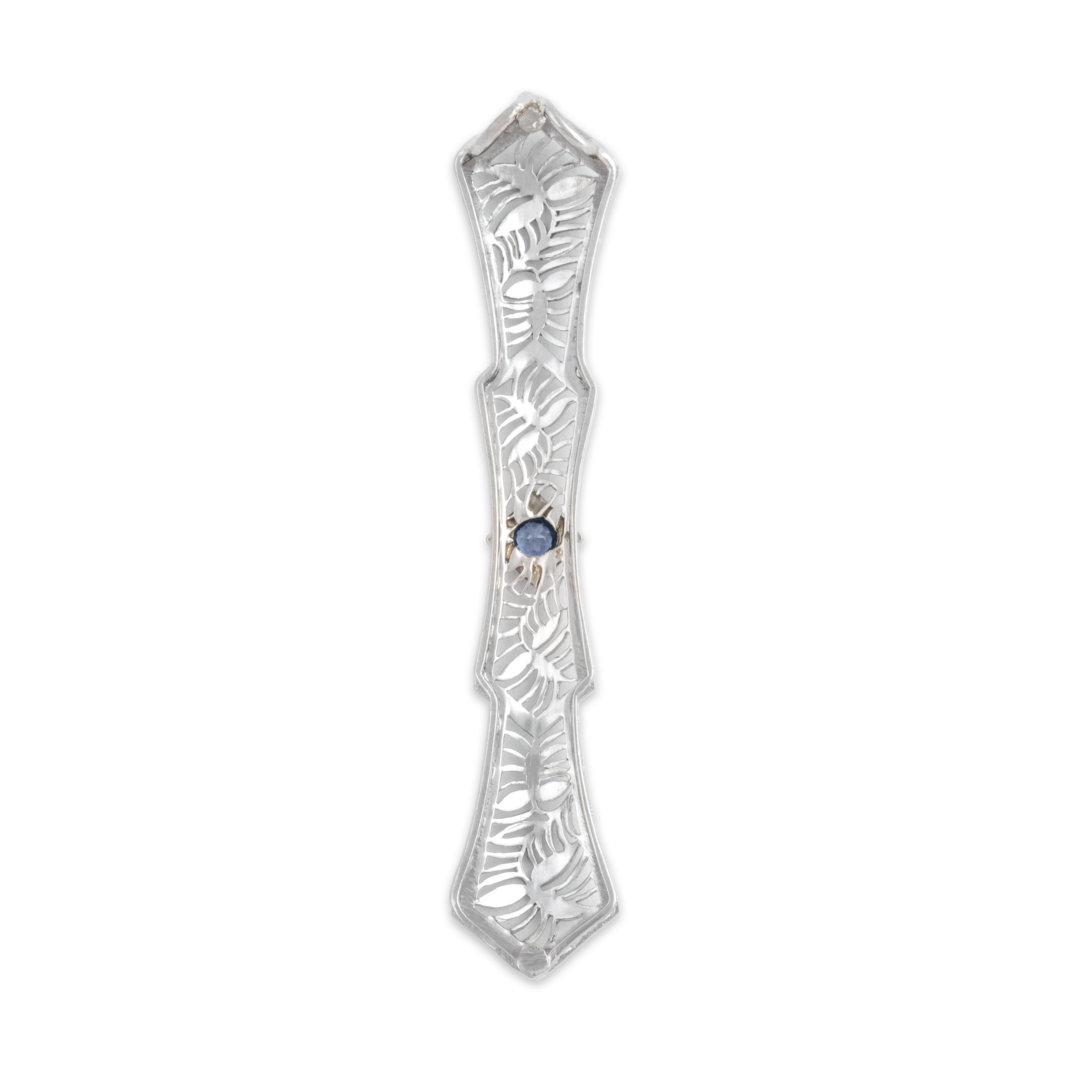 Antique Art Deco 14k White Gold Blue Synthetic Sapphire Intricate Milgrain Openwork Filigree Pendant - Back view