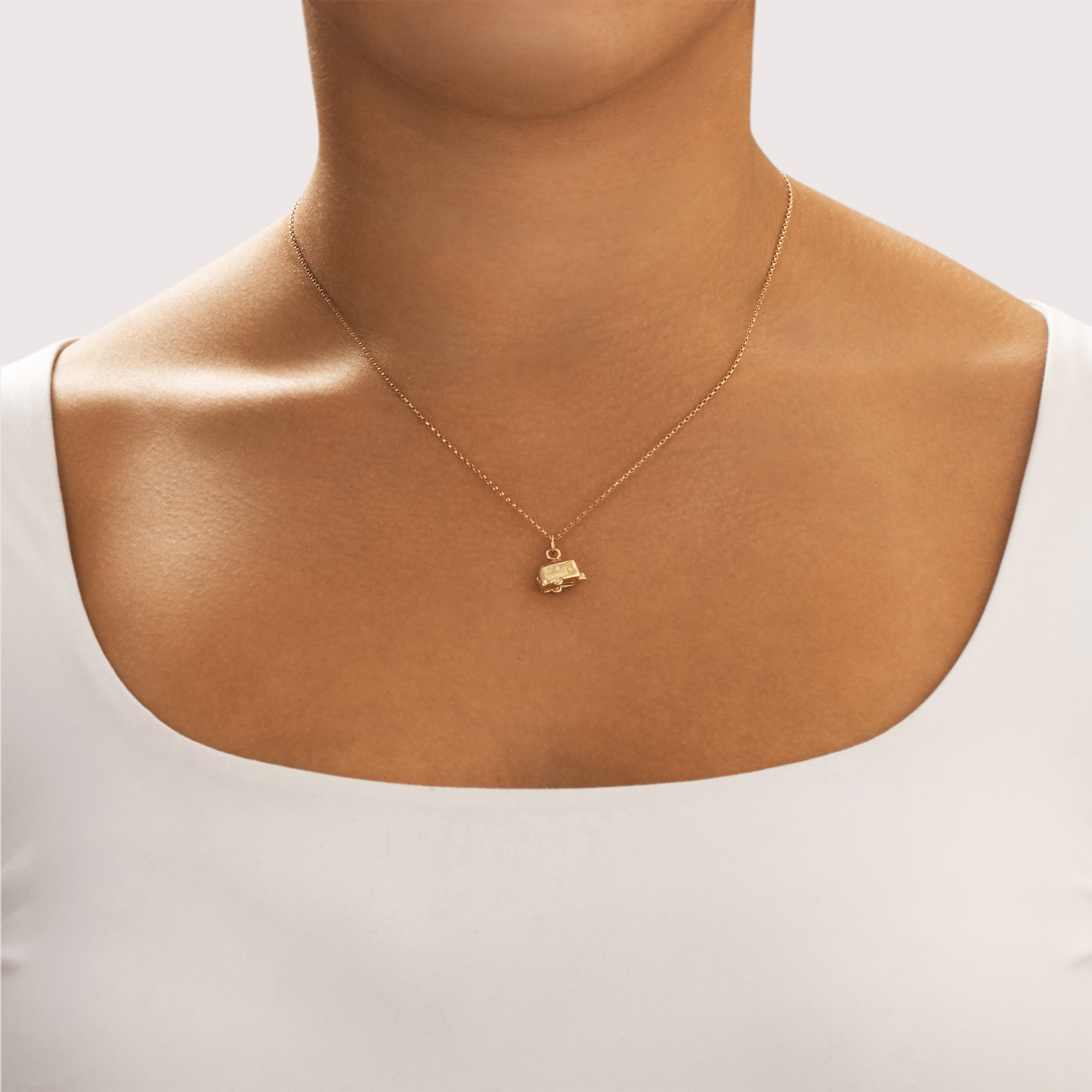 Vintage 14k Yellow Gold Wandering Camper Van Charm / Pendant - On model view