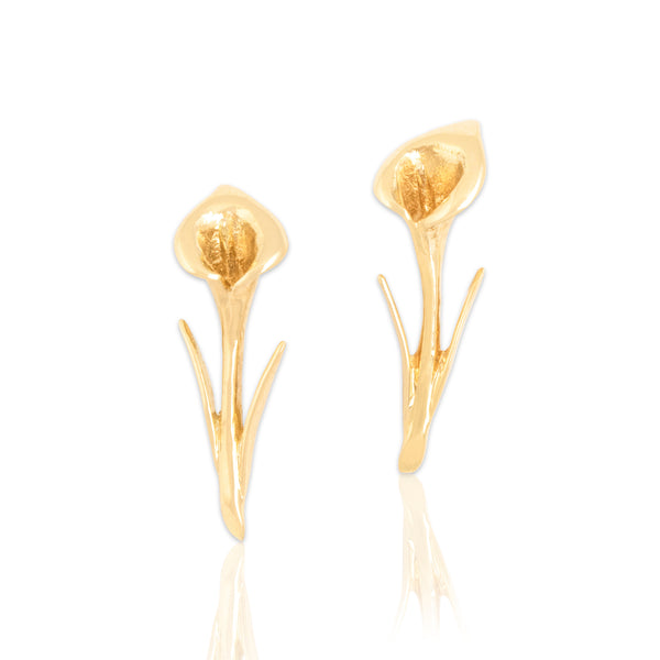 Vintage 14k Yellow Gold Beautiful Botanical Calla Lily Earrings - Close-up view