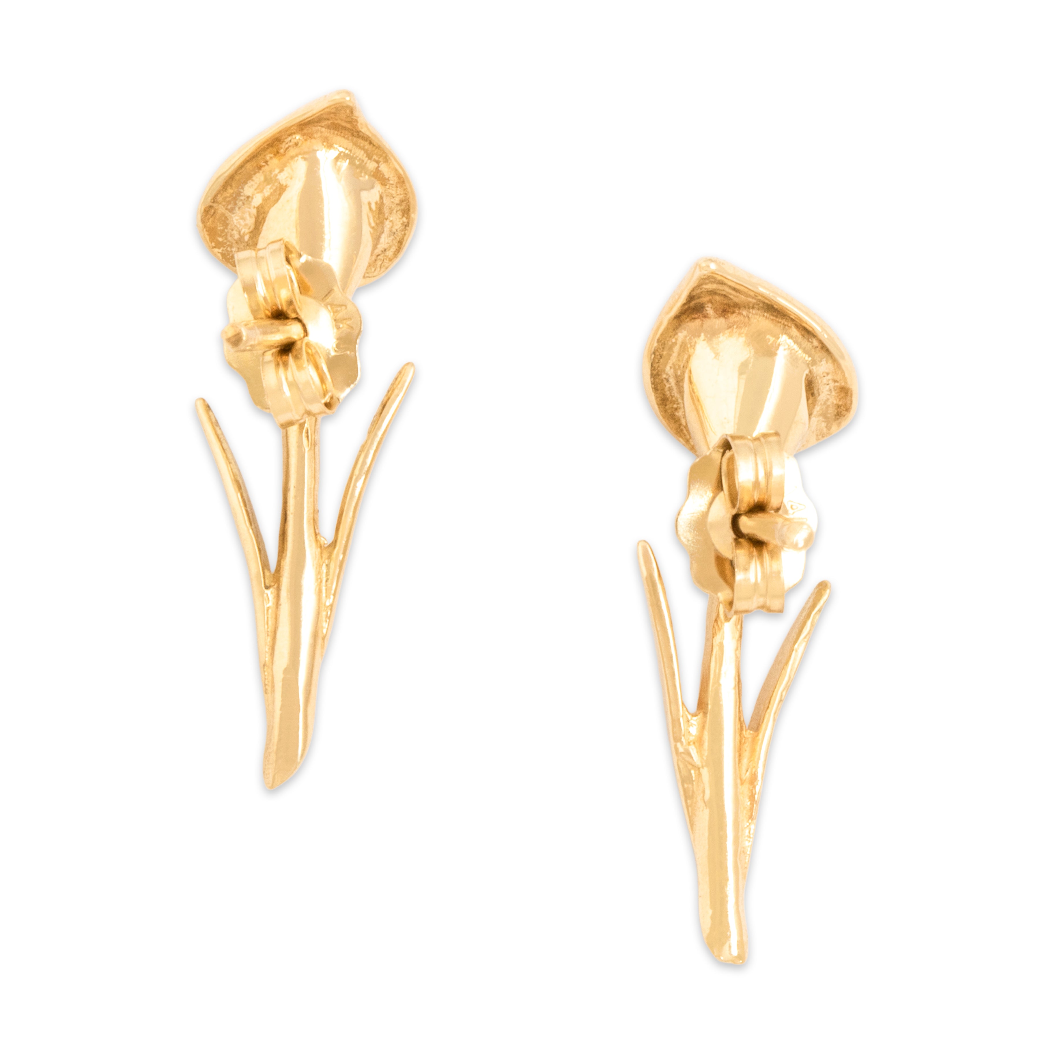Vintage 14k Yellow Gold Beautiful Botanical Calla Lily Earrings - Back view