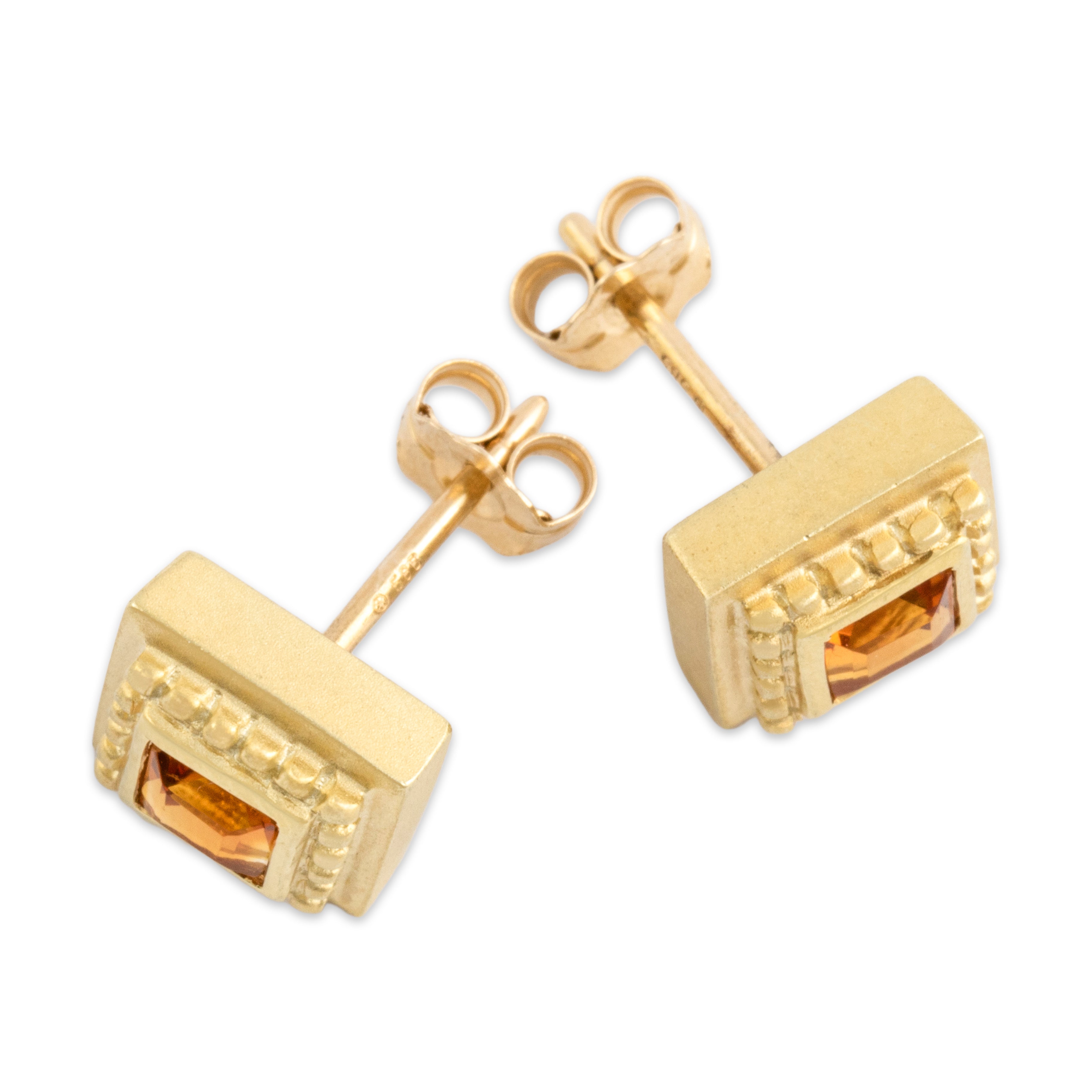 Vintage 14k Yellow Gold .59cttw Citrine Matte Etruscan-Inspired Stud Earrings - Overall view
