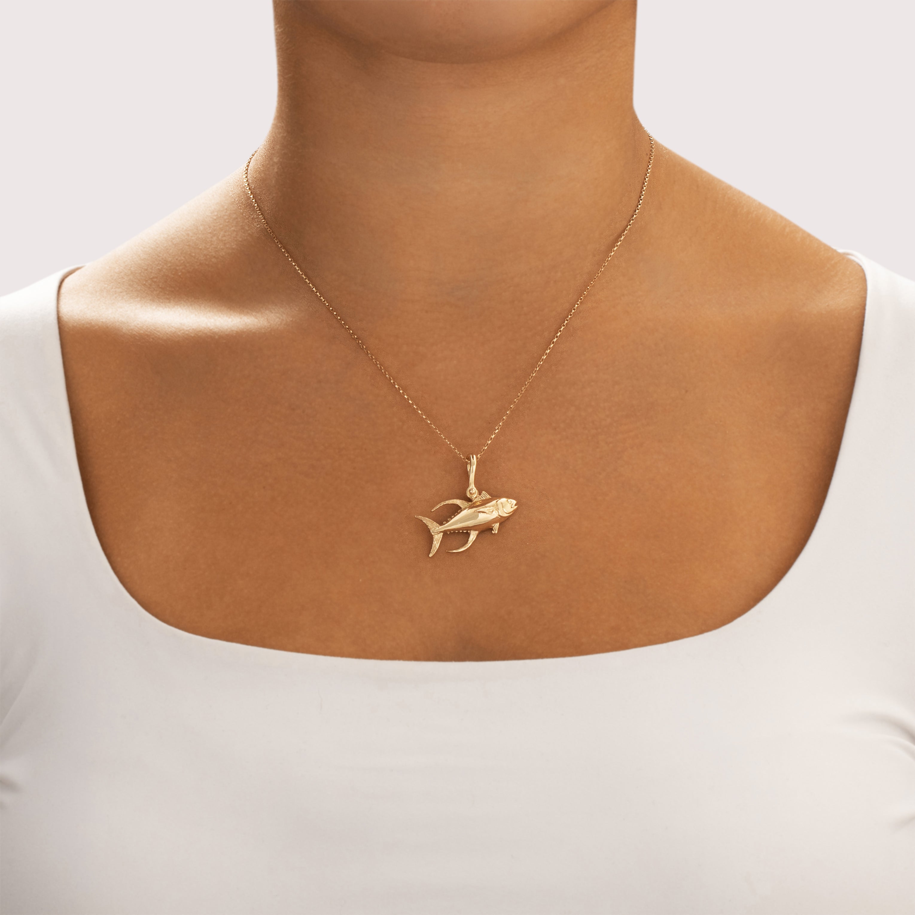 Vintage Substantial 14k Yellow Gold Maritime Yellowfin Tuna Charm / Pendant - On model view