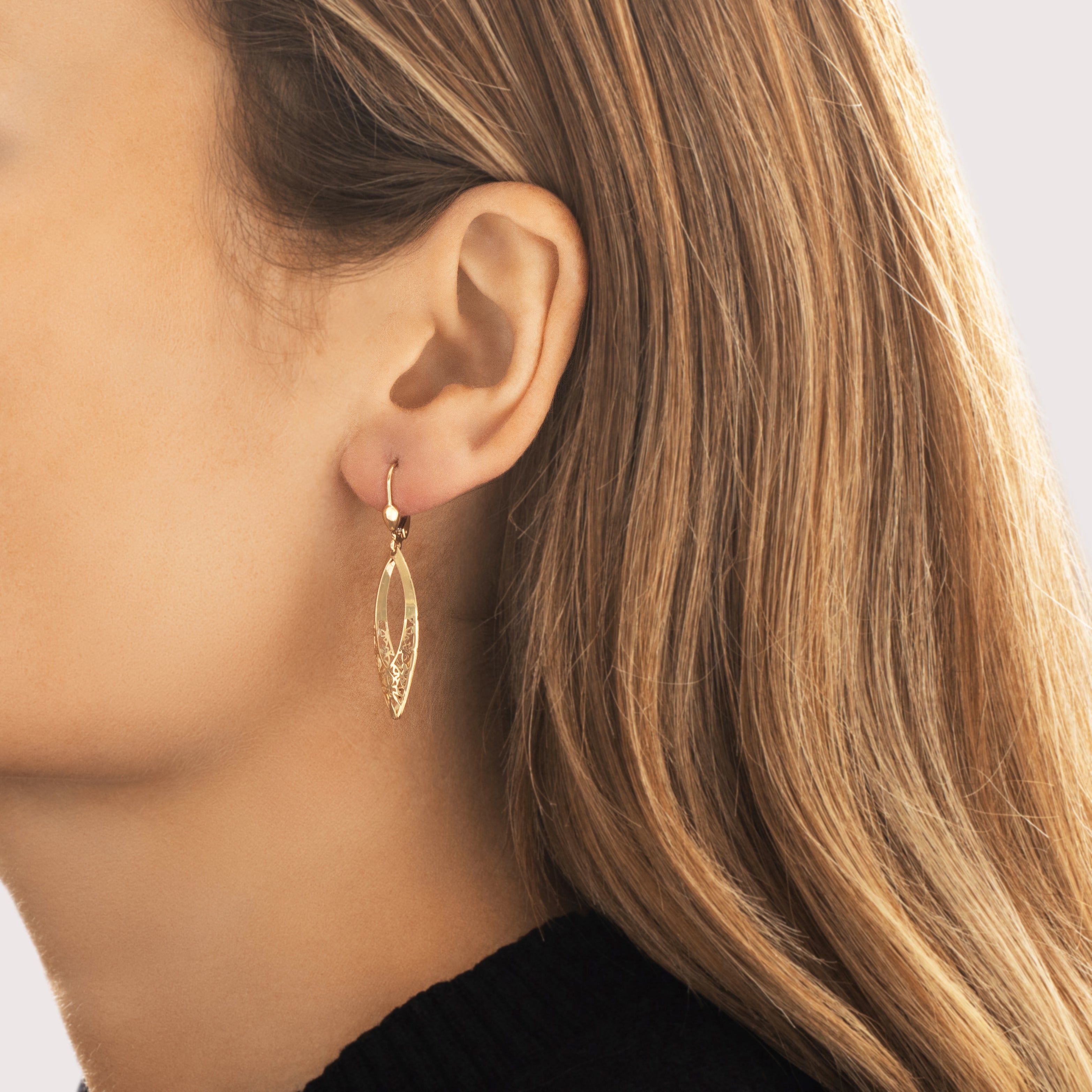 Vintage 14k Yellow Gold Elegant Openwork Marquise Lever Back Dangle Earrings - On model view