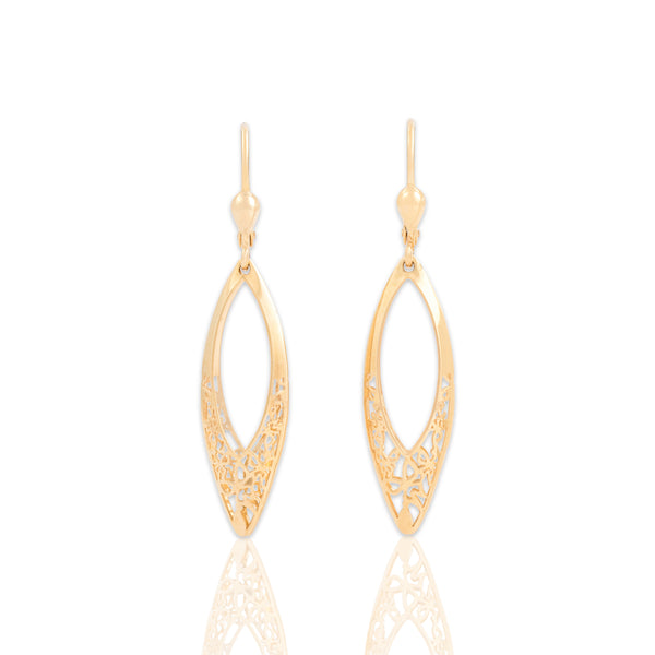 Vintage 14k Yellow Gold Elegant Openwork Marquise Lever Back Dangle Earrings