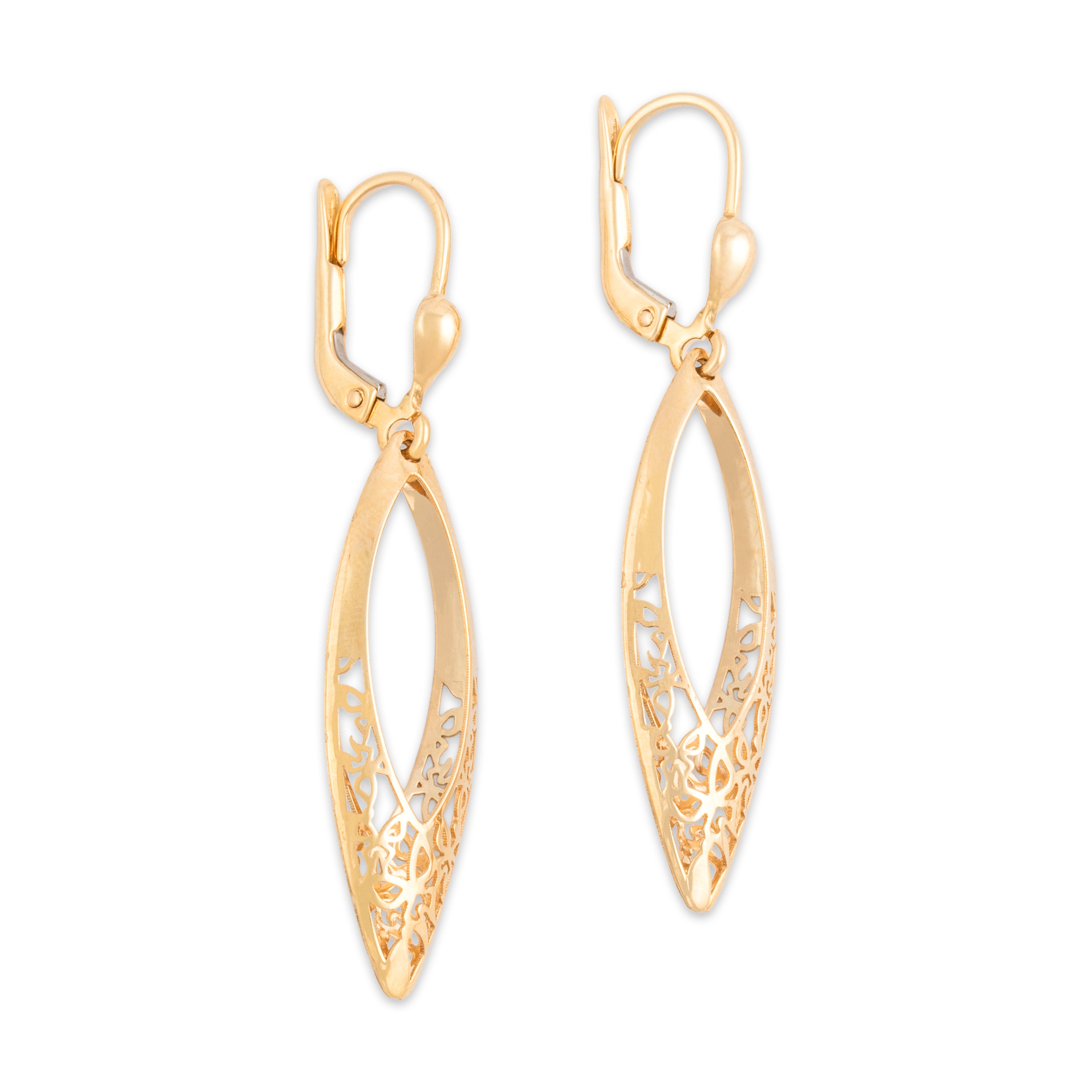 Vintage 14k Yellow Gold Elegant Openwork Marquise Lever Back Dangle Earrings - Side view
