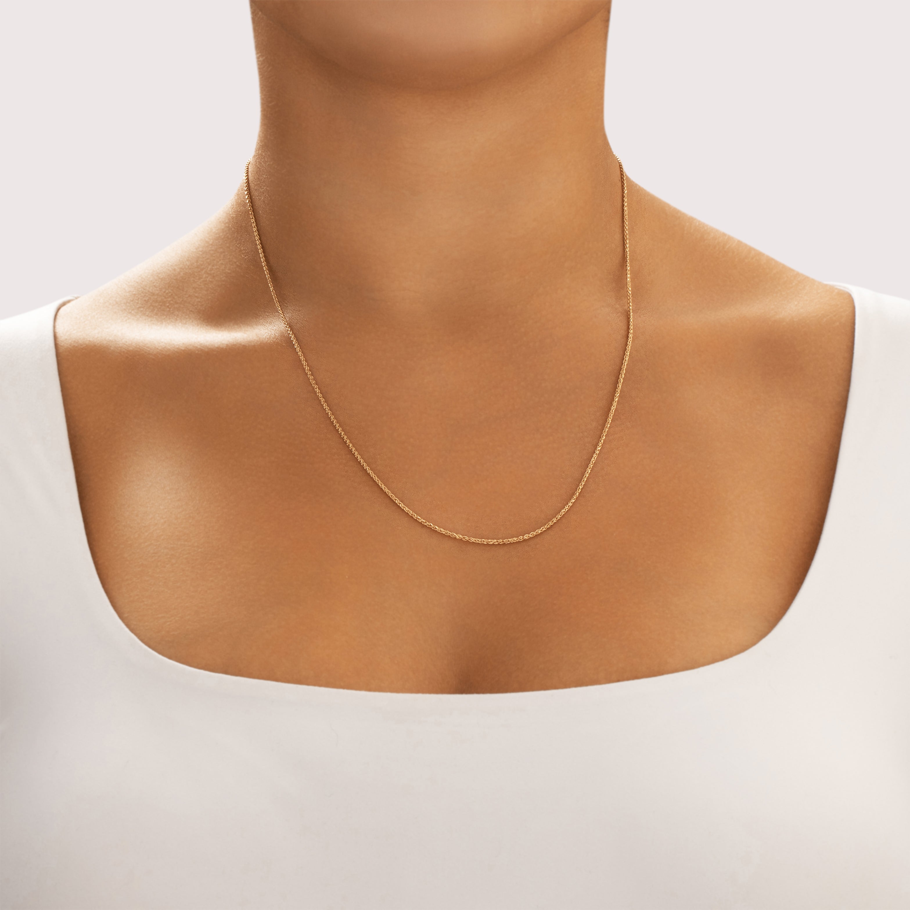 Vintage Italian 14k Yellow Gold 1.35mm Shiny Dimensional Wheat Chain - On model view