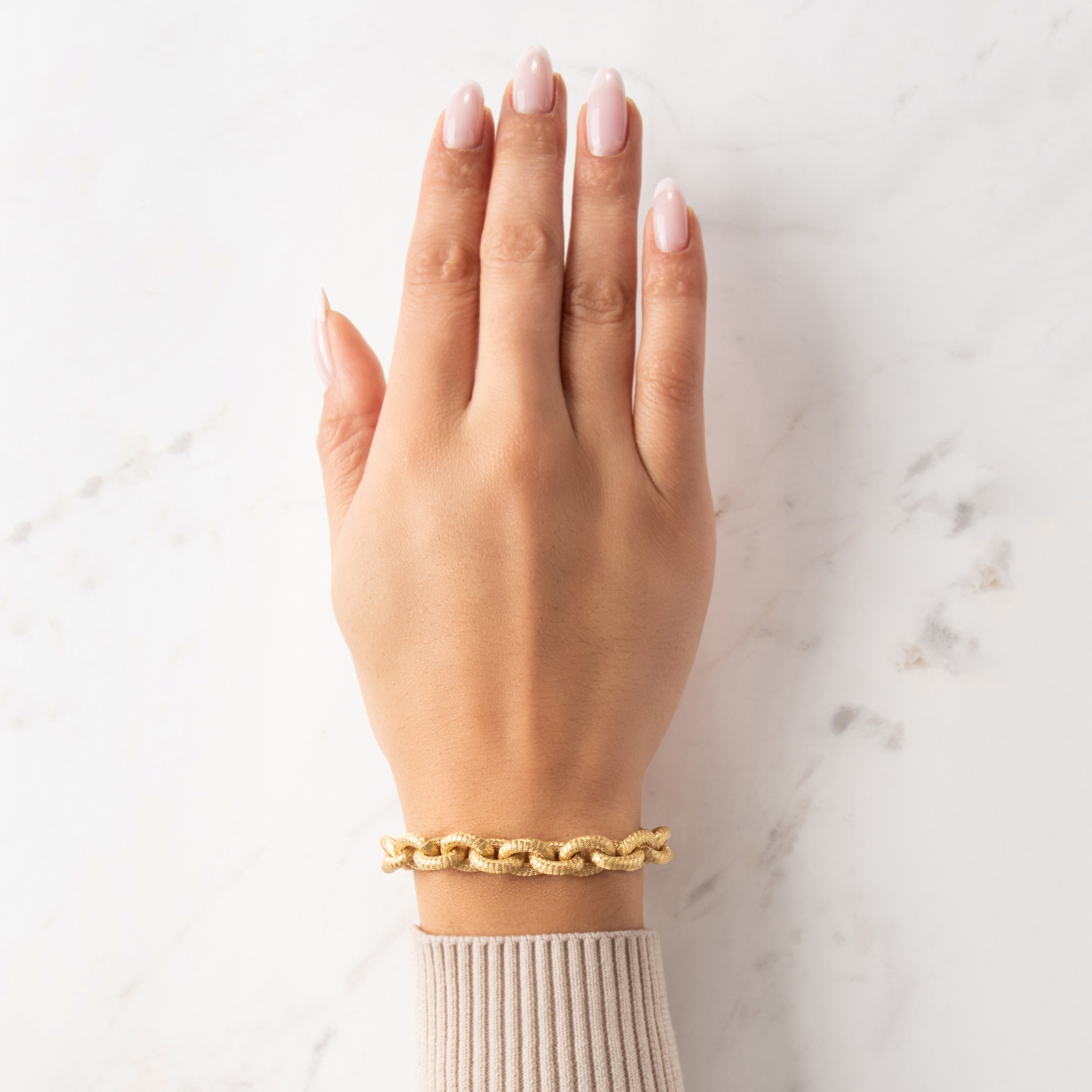 Vintage Italian Heavy 18k Yellow & White Gold Chunky Textured Link Bracelet - On model view