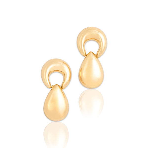 Vintage 18k Yellow Gold Crescent Teardrop Doorknocker Stud Earrings