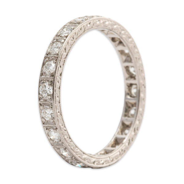Antique Platinum European Cut Diamond Hand Engraved Eternity Band Ring 3.5