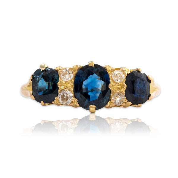 Antique English 18k Yellow Gold 1.37cttw Sapphire Diamond Edwardian Ring 6.75