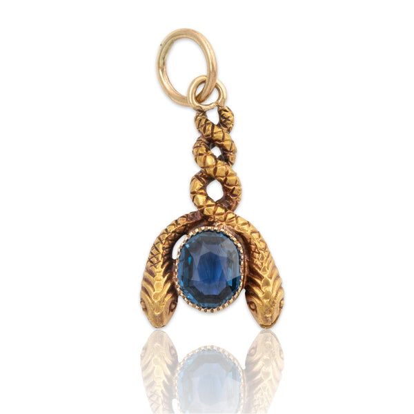 Antique 14k Yellow Gold Blue Synthetic Sapphire Dancing Snakes Charm Pendant