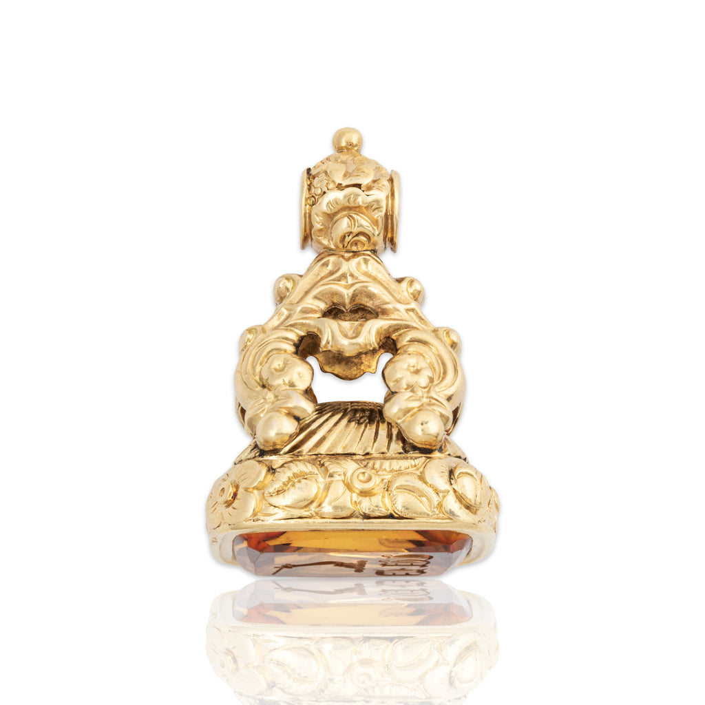 Victorian Antique 14k Yellow Gold 14ct Citrine Heraldic Arm W/ Sword Fob Pendant