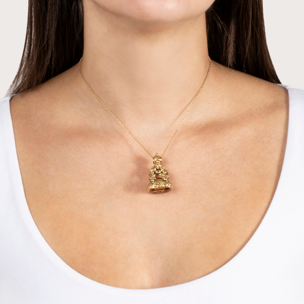 Victorian Antique 14k Yellow Gold 14ct Citrine Heraldic Arm W/ Sword Fob Pendant