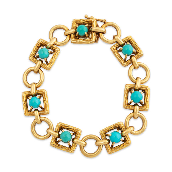 Heavy & Rare Tiffany & Co. 18k Yellow Gold Turquoise Mid Century Bracelet 6