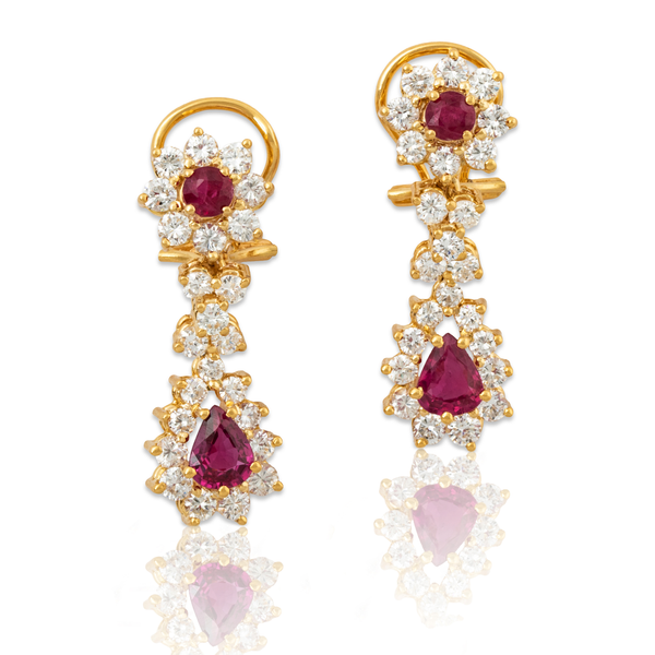 Vintage 18k Yellow Gold 1.68cttw Diamond 1.96cttw Ruby Halo Dangle Earrings