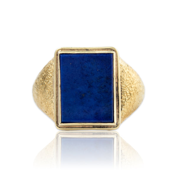 Heavy Vintage 14k Yellow Gold 2.86ct Lapis Lazuli Textured Signet Ring 9
