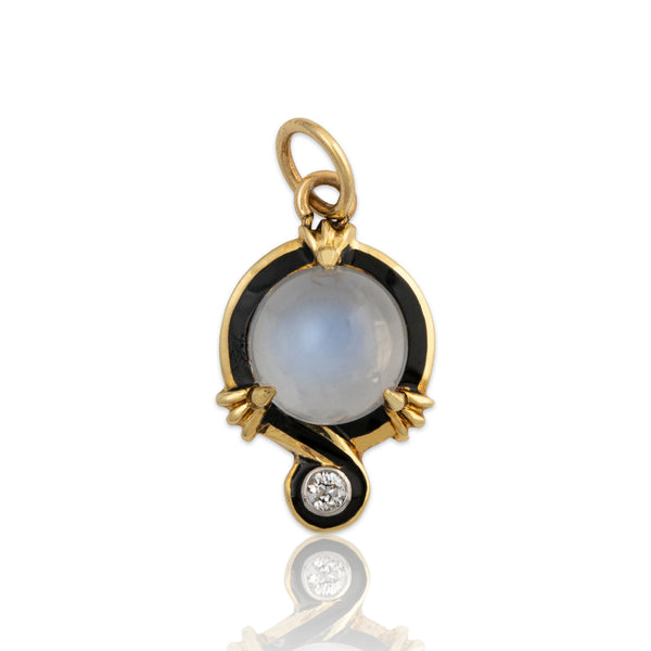 Antique 14k Yellow Gold 1.79ct Blue Sheen Moonstone Diamond Enamel Charm Pendant
