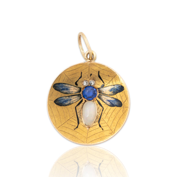Antique 14k Yellow Gold Opal Sapphire Diamond Enamel Webbed Bug Charm Pendant
