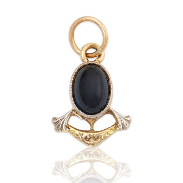 Antique 14k Yellow & White Gold Cabochon Synthetic Sapphire Deco Charm Pendant