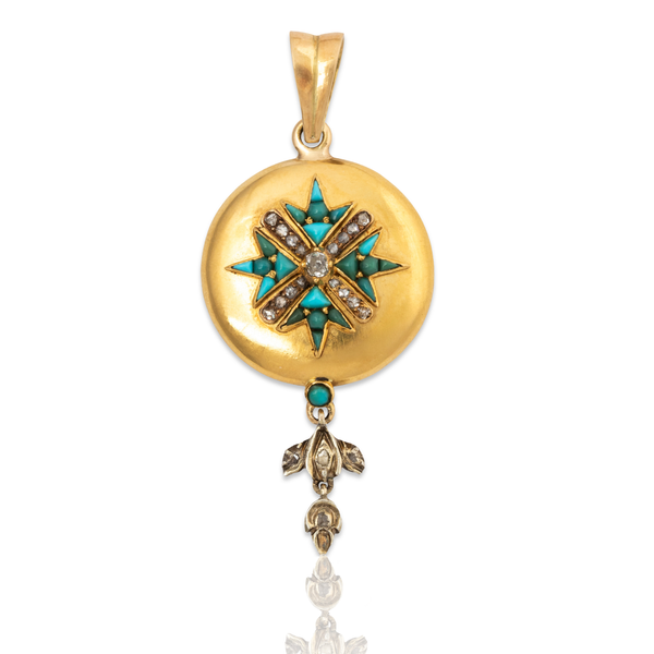 Victorian Antique 18k Yellow Gold Turquoise Old Mine & Rose Cut Diamond Pendant