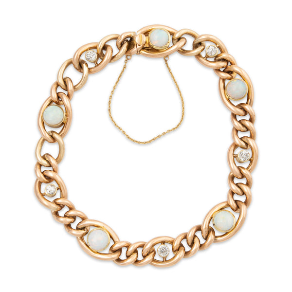 Antique European 15k Yellow Gold 2cttw Opal Old Mine Diamond Station Bracelet 6.75