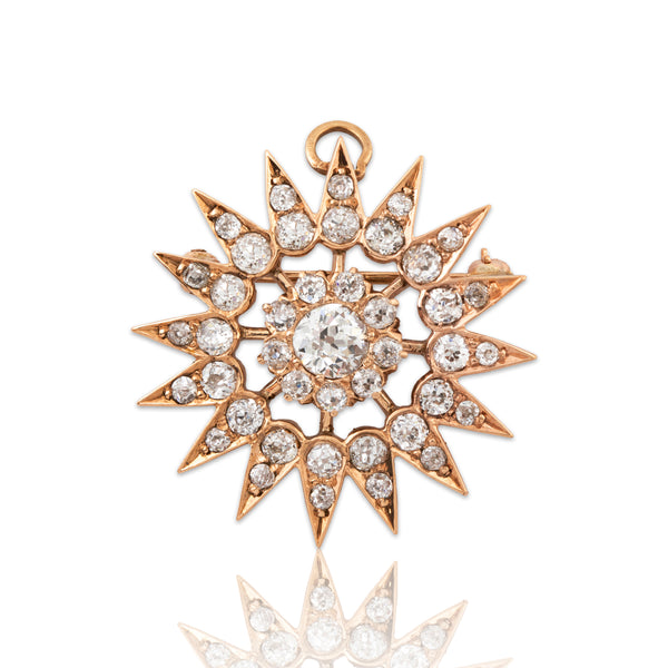 Sparkling Antique 14k Yellow Gold 3cttw Old Mine Diamond Starburst Pendant Pin